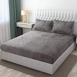 Furnistitchs Velvet Warm Winter Solid Flannel Elastic Fitted Bedsheets For Double Bed King Size 90X100 Inches With 2 Pillow Covers 200 TC Double Bed Warm Bedsheet With Elastic-Fitted (Grey)