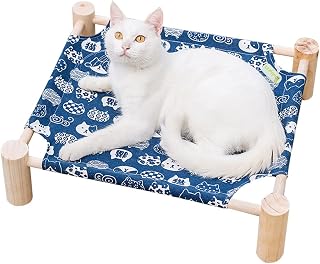 Babyezz Cat and Dog Hammock Bed, Wooden cat Hammock Elevated Cooling Bed, Detachable Portable Indoor Outdoor pet Bed, Suitable for Cats and Small Dogs (Blue cat)