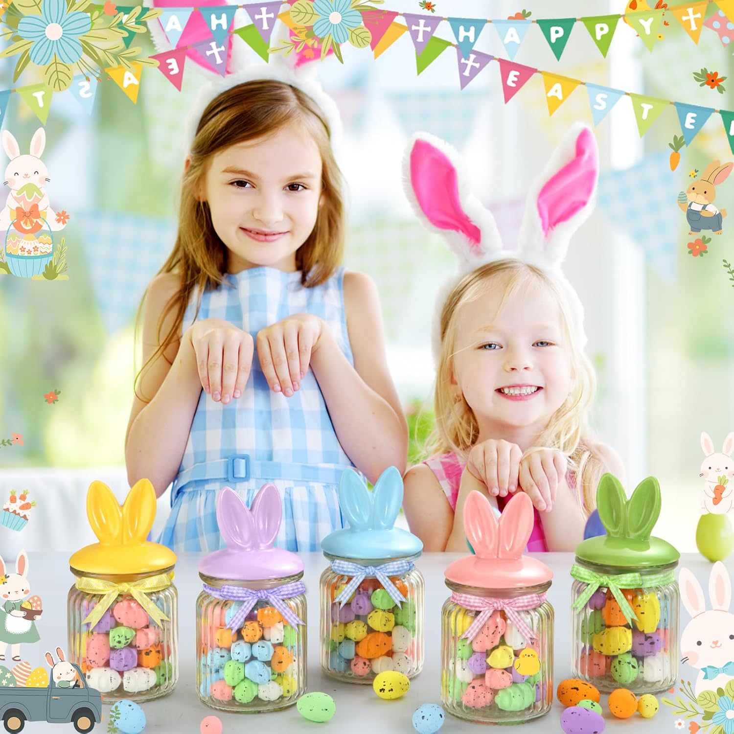 Easter Decorations - 5 PCS Easter Glass Candy Jar with Ceramic Bunny Shaped Lid Easter Cookie Decorative Jar with Gingham Ribbon Bows for Easter Table Centerpiece Decorations - Image 6