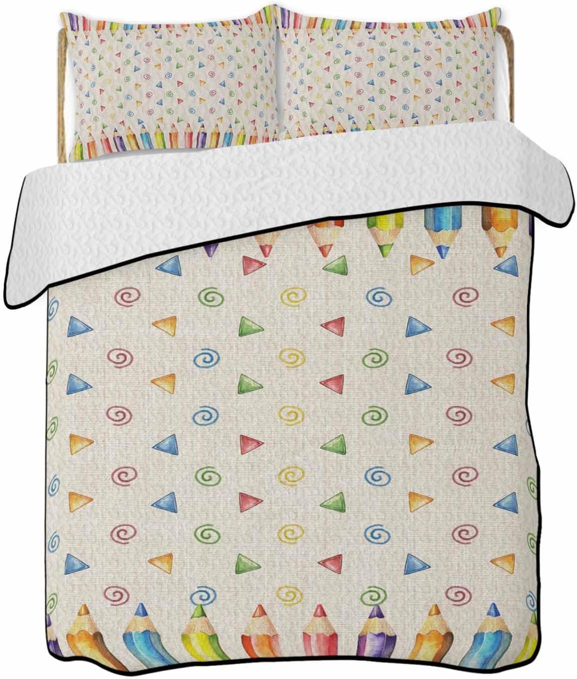 Twin XL Quilt Set,Childlike Colored Pencils Burlap Lightweight Soft Microfiber Summer Bedspread Coverlet with 2 Pillow Shams,Watercolor Triangle Swirling 3 Piece Bedding Set for All Seasons