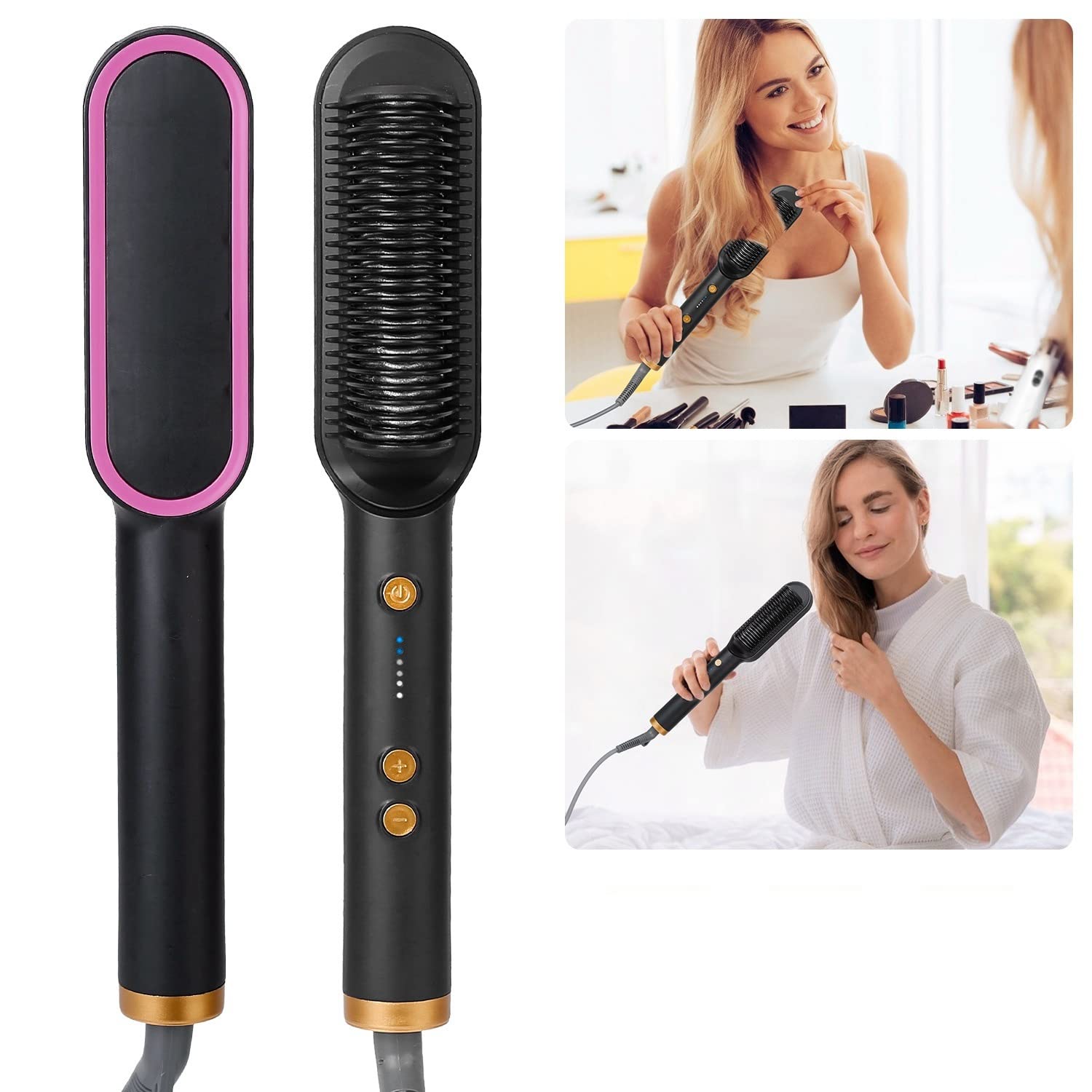 Electric Hair Straightener Brush Straightening Curler Brush Hot Comb 5 Temperature Adjustment 10S Fast Heating
