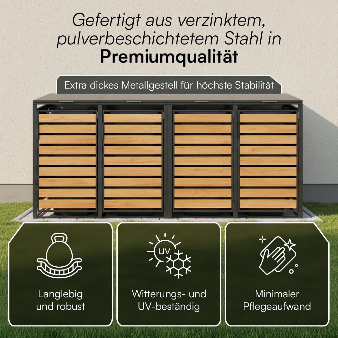 STEELSØN Kestra Mülltonnenbox 4er bis 240L – Mülltonnenverkleidung aus Stahl mit Sichtstreifen in Holzoptik – hochwertige Müllcontainer für 4 Tonnen – Müllbox in Anthrazit – Gerätebox wetterfest