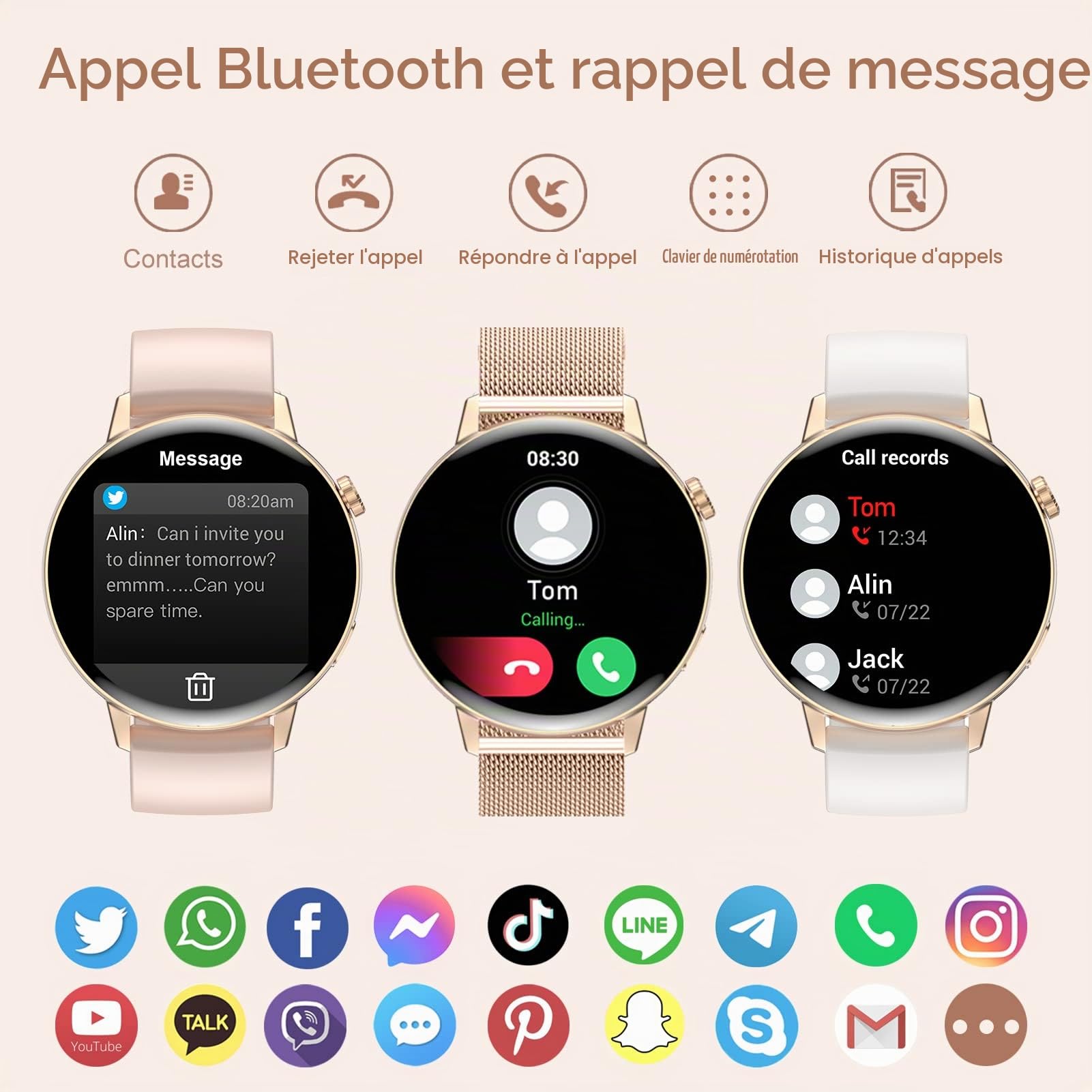 Montre Connectée Femme Appels/Notification Intelligente 1.32" Smartwatch Fréquence Cardiaque Sommeil Oxymètre 3 Bracelets Étanche Trackers d'activité Podomètre Calories Montre Sport pour iOS Android