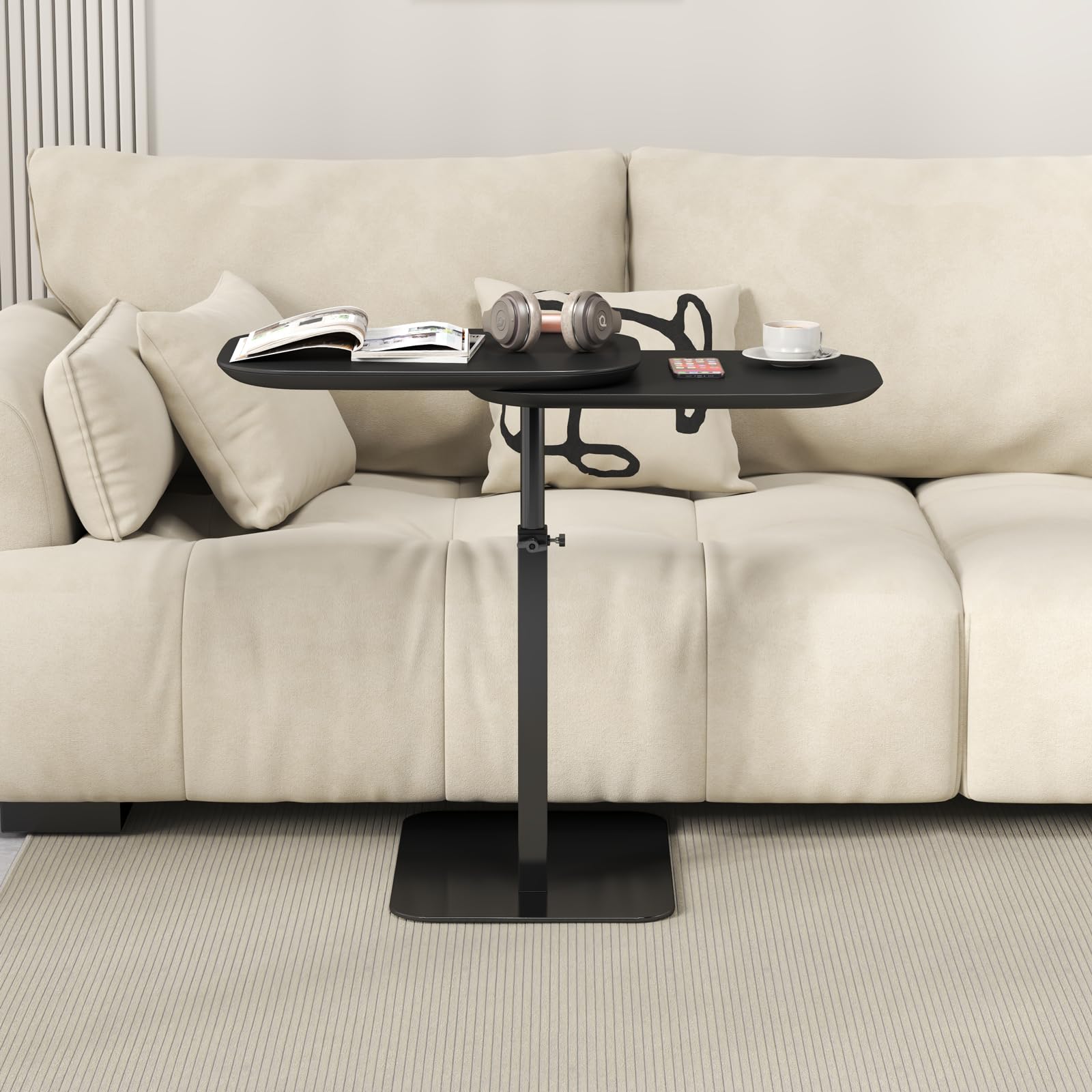 Table d'appoint en forme de C hauteur reglable, table canapé pivotante à 360°, Deux planches de table, ordinateur portable stand pour canapé/lit, Petite café C tables pour Salon/Chambre (Black)