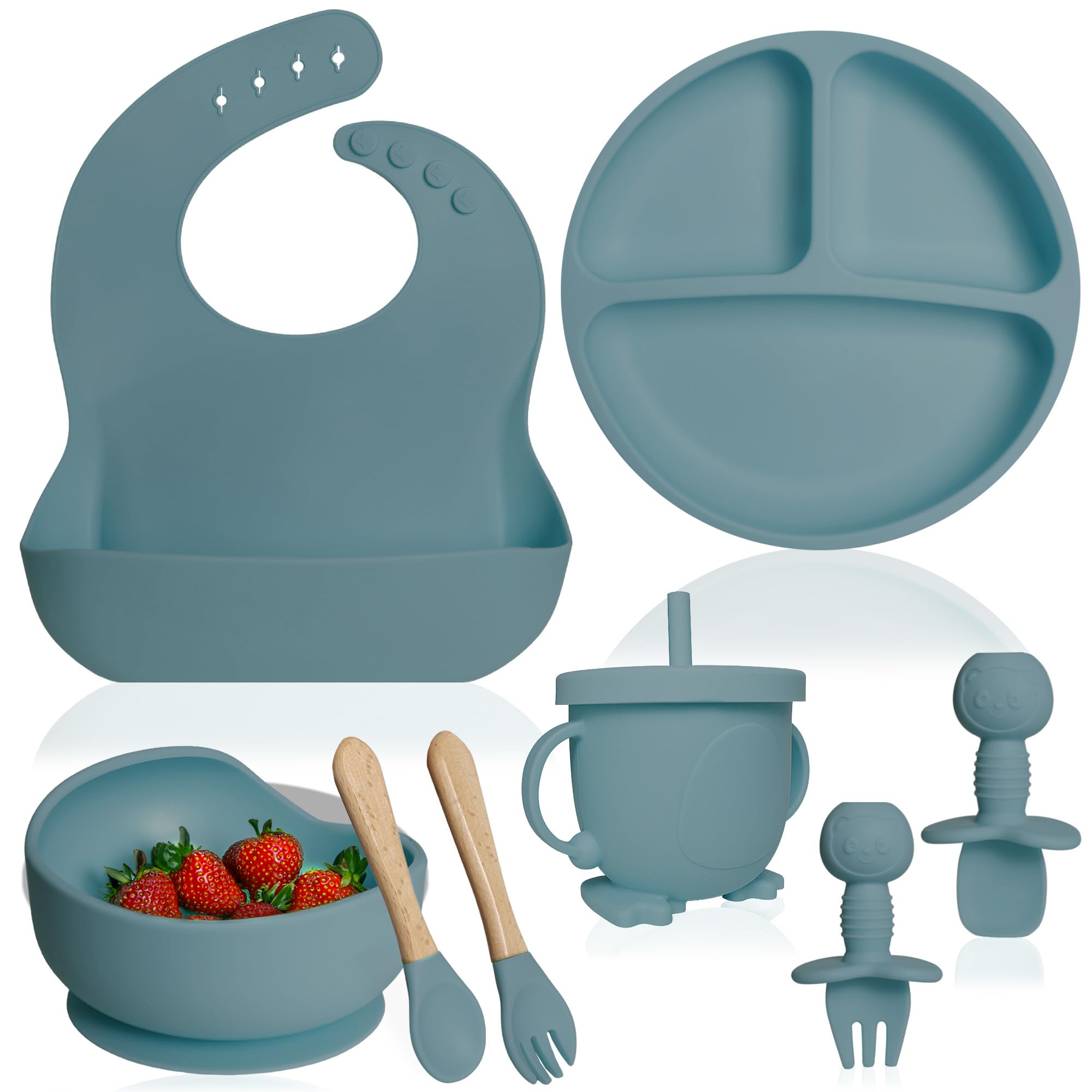 Bluet B- Silicone Baby Feeding Set - Baby Led Weaning Supplies - Baby Spoons, Suction Bowl - Plate - Baby Utensils - Silicone Feeding Set for Baby First Foods, Infant Eating - 8pcs - Blue