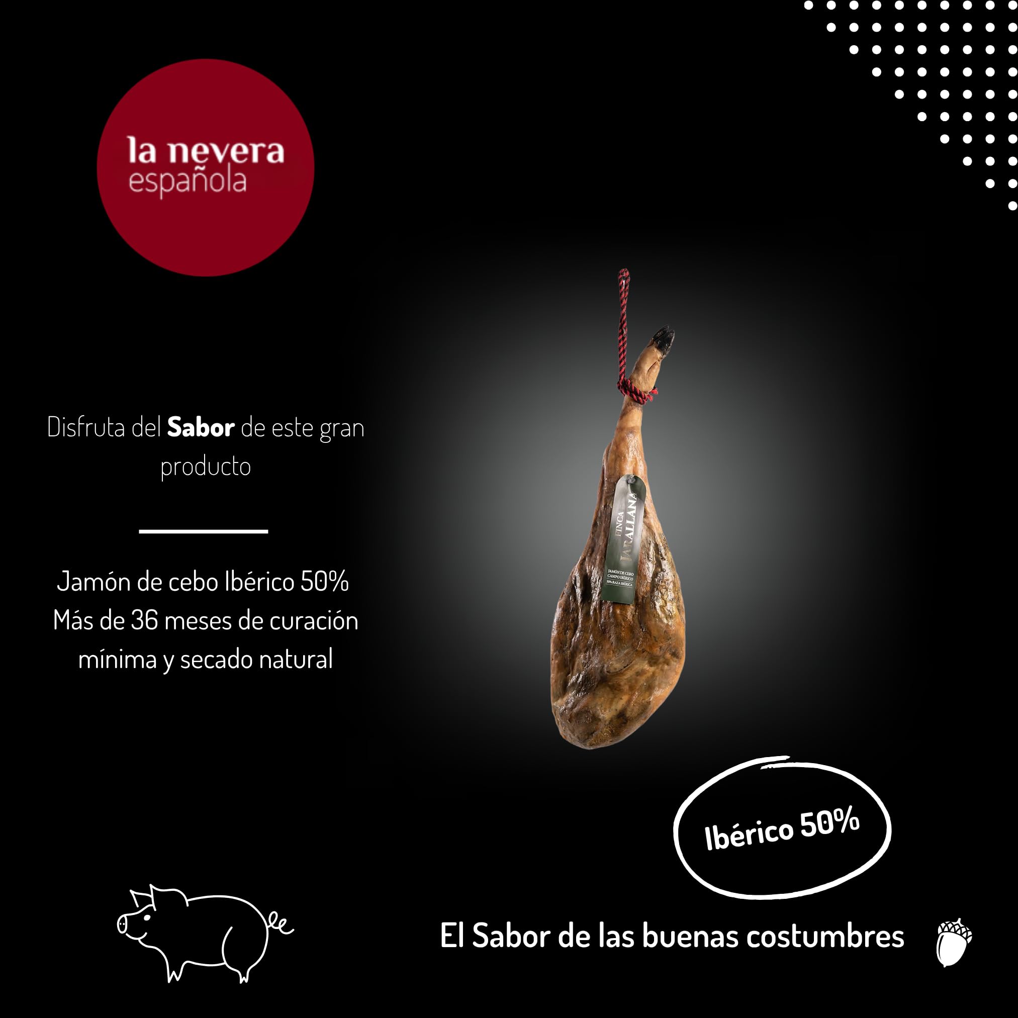 Finca Jarallana - Jamón de Cebo Campo 50% Ibérico - Pieza de 9 kg con Secado Natural y Curación +36 meses - Cerdos de Raza Ibérica