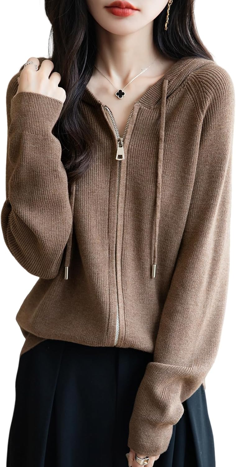 Women's Merino Wool Blend Cardigan 2025 Fall Winter Casual Zipper Sweatshirt Long Sleeve Ribbed Knit Hooded Cardigan