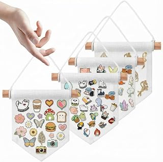 Breling 4 Pcs 4 Pcs Mini Canvas Banner Set DIY Enamel Pin Display Banner Holders Pin Display Board Badge Storage Canvas Wall Hanging with Rod Hanging Buttons Jewelry Organizer Decor (White)