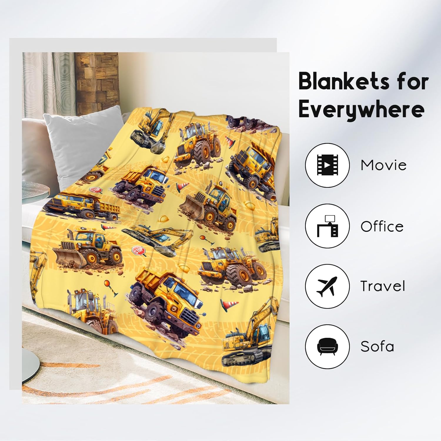 Kids Throw Blanket - Construction Truck Gifts for Boys Men - Excavator Fleece Throws for Bedroom Decor (60"x80")