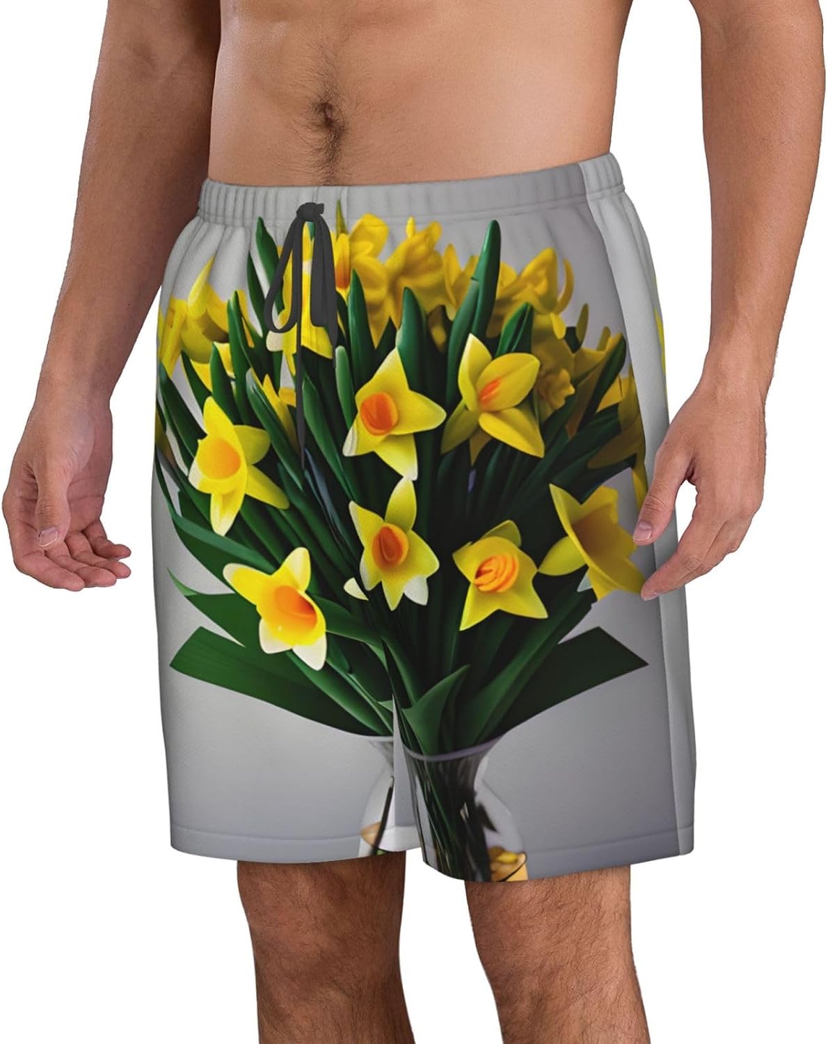 Bouquet of Daffodils Print Men's Quick-Drying Shorts Casual Beach Pants Stretch Waist Shorts and Pockets