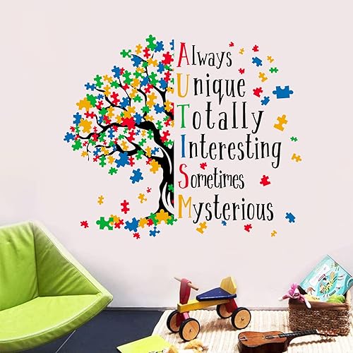 Miniatura 4 de Mfault Calcomanía inspiradora para el Día de la Concientización del Autismo, calcomanía de pared, rompecabezas positivo, árbol, colorido, guardería,