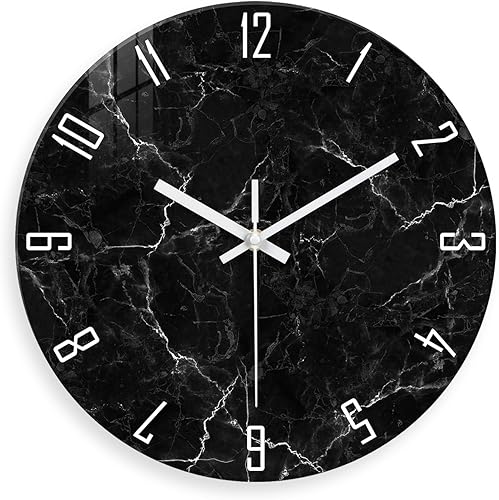 Relojes de pared minimalistas negros para sala de estar, relojes de pared con patrón de mármol de vidrio, funciona con pilas, reloj de pared