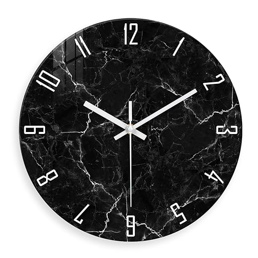 Black Minimalist Wall Clocks for Living Room Glass Marble Pattern Wall Clocks Battery Operated 12