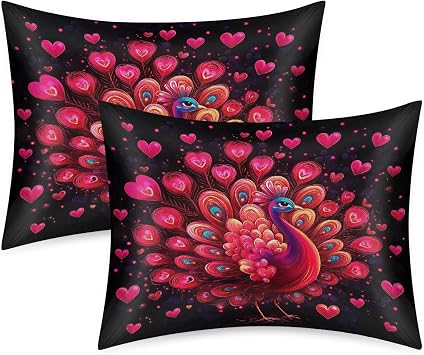 2 Pack Satin Pillowcase for Hair and Skin Soft Cooling Pillow Cases with Envelope Closure Pink Red Peacock Silky Smooth Pillow Cover Luxury Gifts for Women Men 20x26