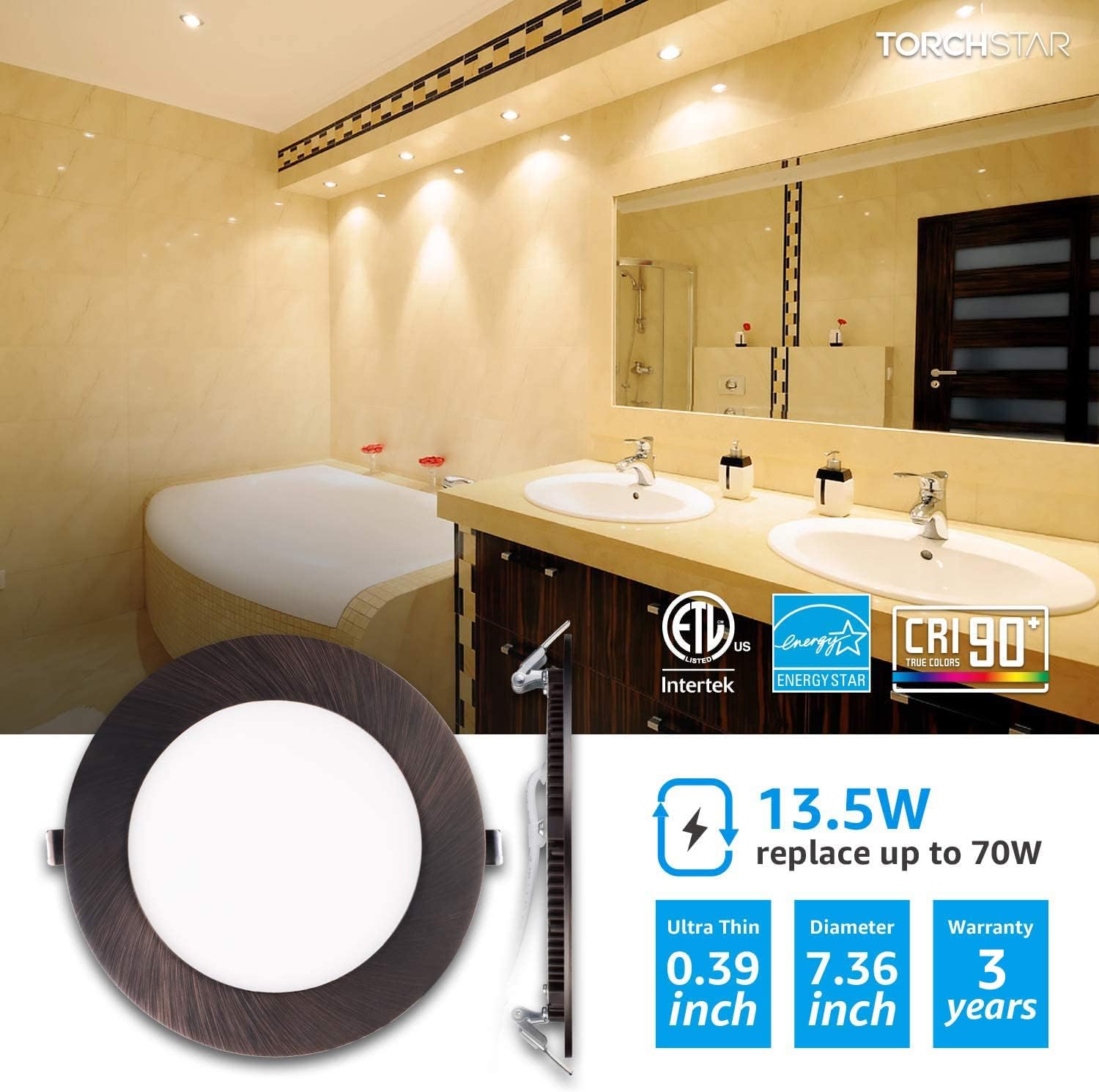 TORCHSTAR E-Lite Series 6 Inch Ultra-Thin LED Recessed Lights with J-Box, Dimmable Canless Slim Downlight, CRI90+, ETL & ES Listed, 13.5W, 3000K Warm White, Oil Rubbed Bronze, Pack of 6