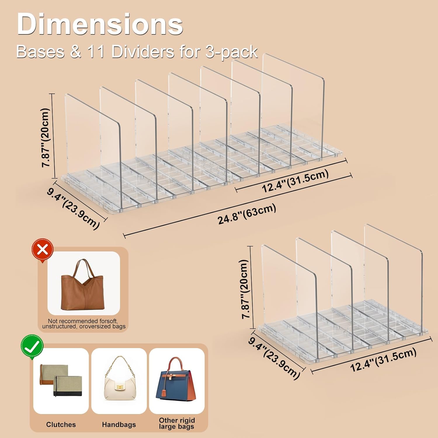 Bag & Purse Organizer for Closet: Adjustable Clear Handbag Storage Shelf - Plastic Clutch Dividers for Closet Organizers and Storage - Keep Carteras & Pocketbook Upright 3 Pack - 11Dividers