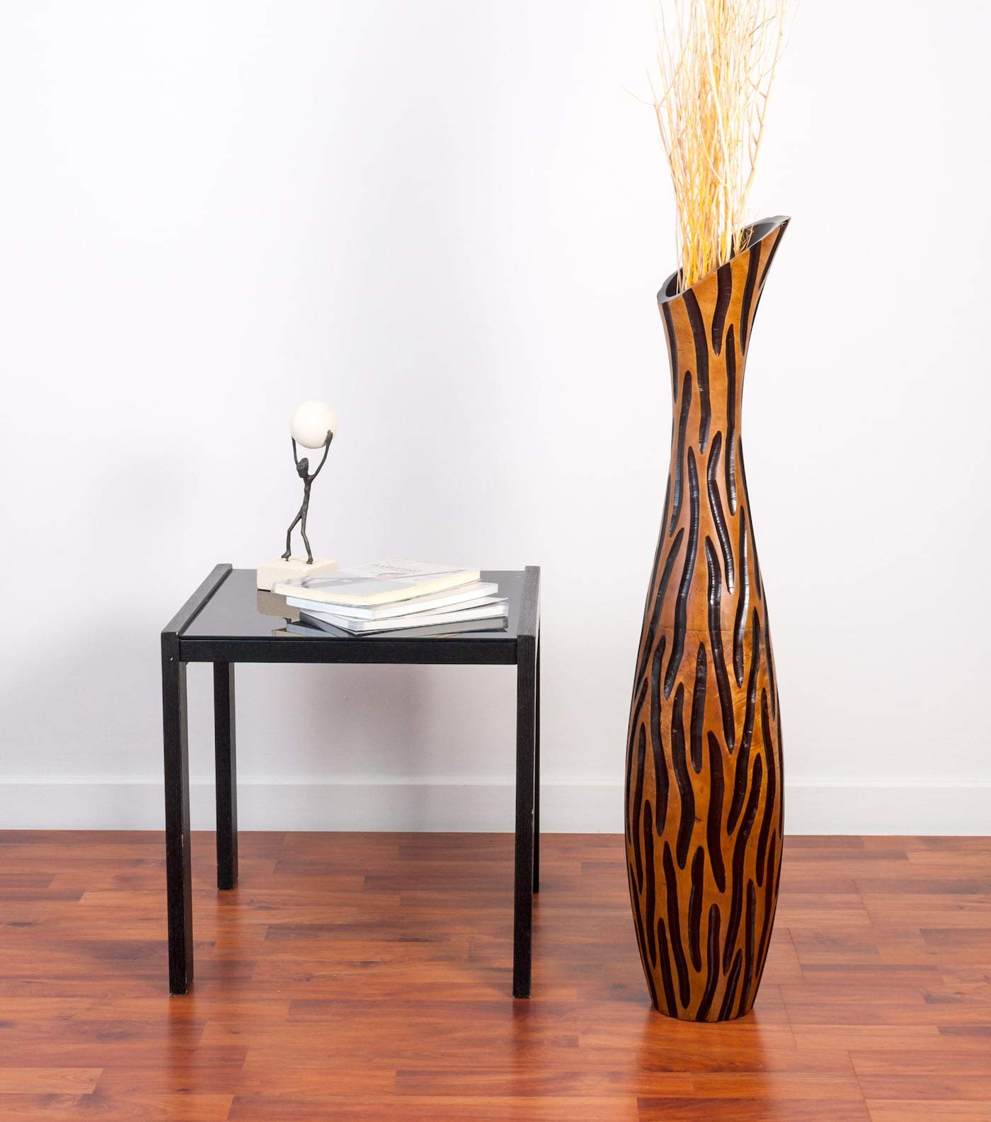 Leewadee Jarrón de Suelo Grande 85 cm Madera de Mango Pampa & Flores Secas | Jarrón Deco para Salón, para Ramas & Hierbas Secas. Más resistente que la Cerámica, sin Agua. Boho