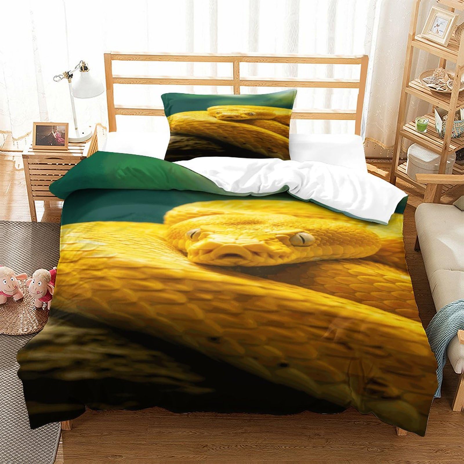 P1S9U7W5Y Wildlife 3D Printed Yellow Snake Duvet Cover Set 3pcs Microfiber Reptile Bedding Set Home Decor Single（135x200cm）