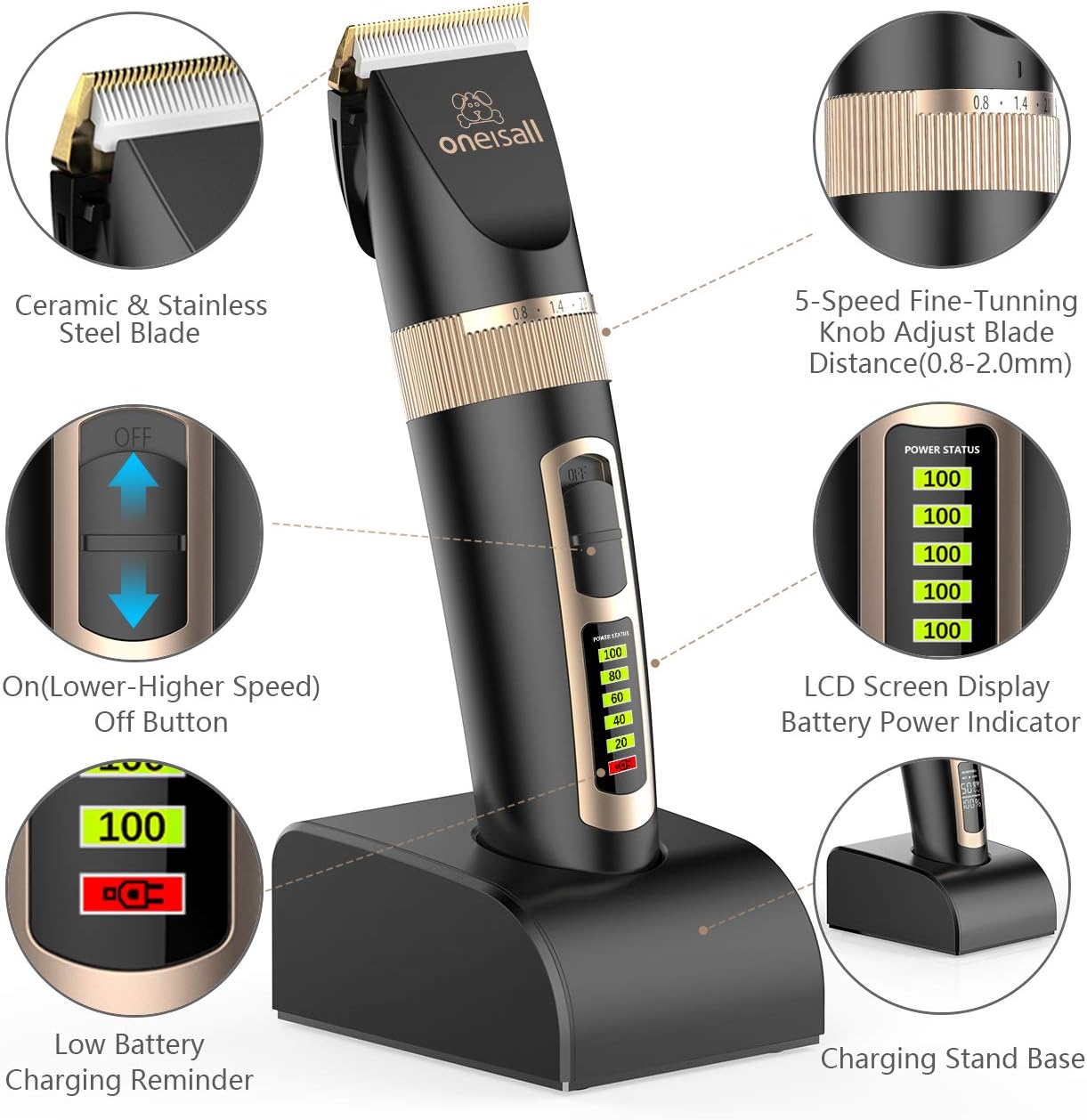 oneisall Dog Clippers Professional, 2-Speed Quiet Rechargeable Cordless Pet Grooming Hair Clippers Set for Small and Large Dogs Cats-Black
