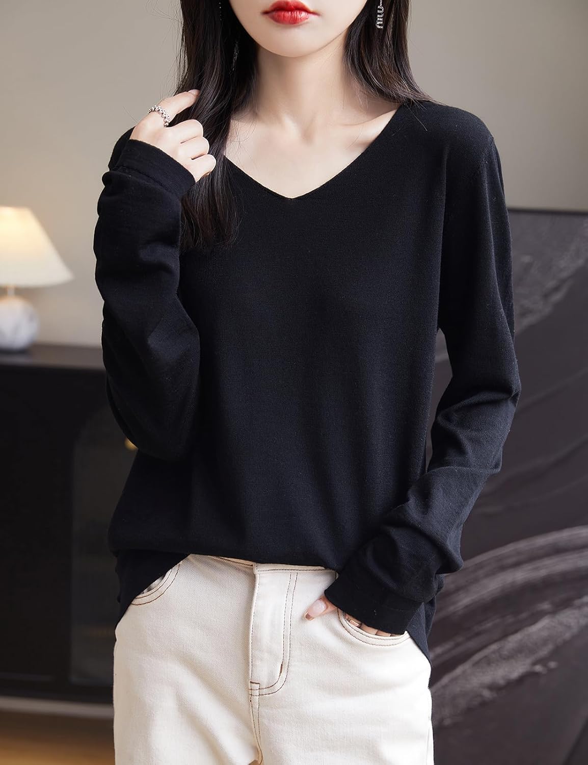 Chanyarn Women's 100% Merino Wool Base Layer Shirt Tops V Neck Long Sleeve Travel Hiking Tee T Shirt Pullover Sweater - Image 5