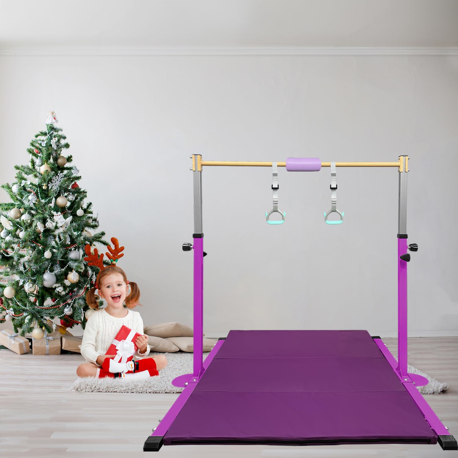 HomeSun Gymnastikstange für Kinder Robuste Kip Bar mit Ringen horizontale Turnreck für Heimtraining Höhenverstellbar 90-150cm Trainingsgerät bis 100 kg Alter 3-15