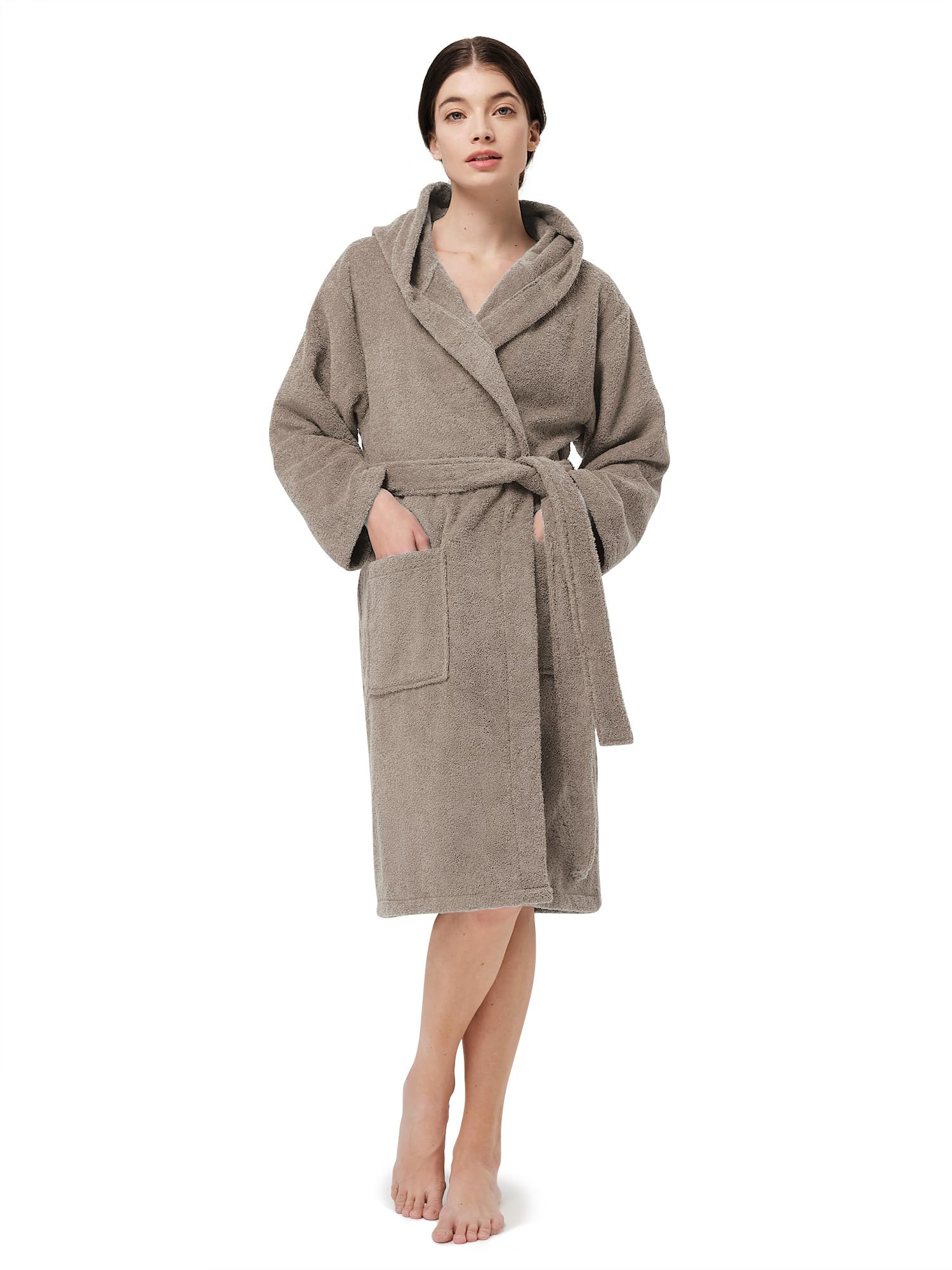 SIORO Women Hooded Terry Cloth Robes, Cotton Long Soft Plush Bathrobe for Shower, Spa, Towel Knee-Length Robe with Pockets