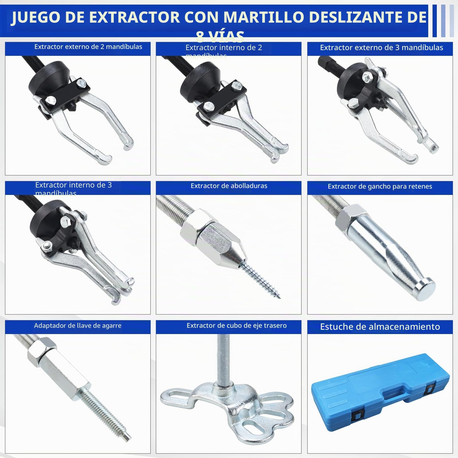 FreeTec 8 en 1 Extractor de Martillo Inercia, Extractor Bujes y Rodamientos con Martillo Deslizante, Extractores Buje Trasero, 3 Garras Extractores Rodamientos Internos, Extracción Abolladuras Coche
