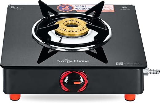 Surya Flame LPG Gas Stove Single Burner Glass Top with Brass Burner, Premium Toughened Glass &amp; Powder Coated Body for Modu...