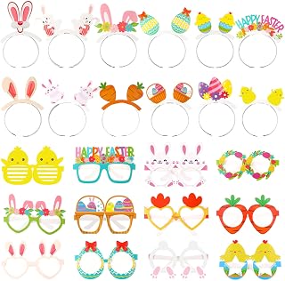 48 Pcs Paper Easter Glasses and Headband for Kid Bunny Ear Eyeglasses Easter Egg Headwear Rabbit Chick Photo Prop Costume Favor Gift Decor Supplies Basket Stuffer