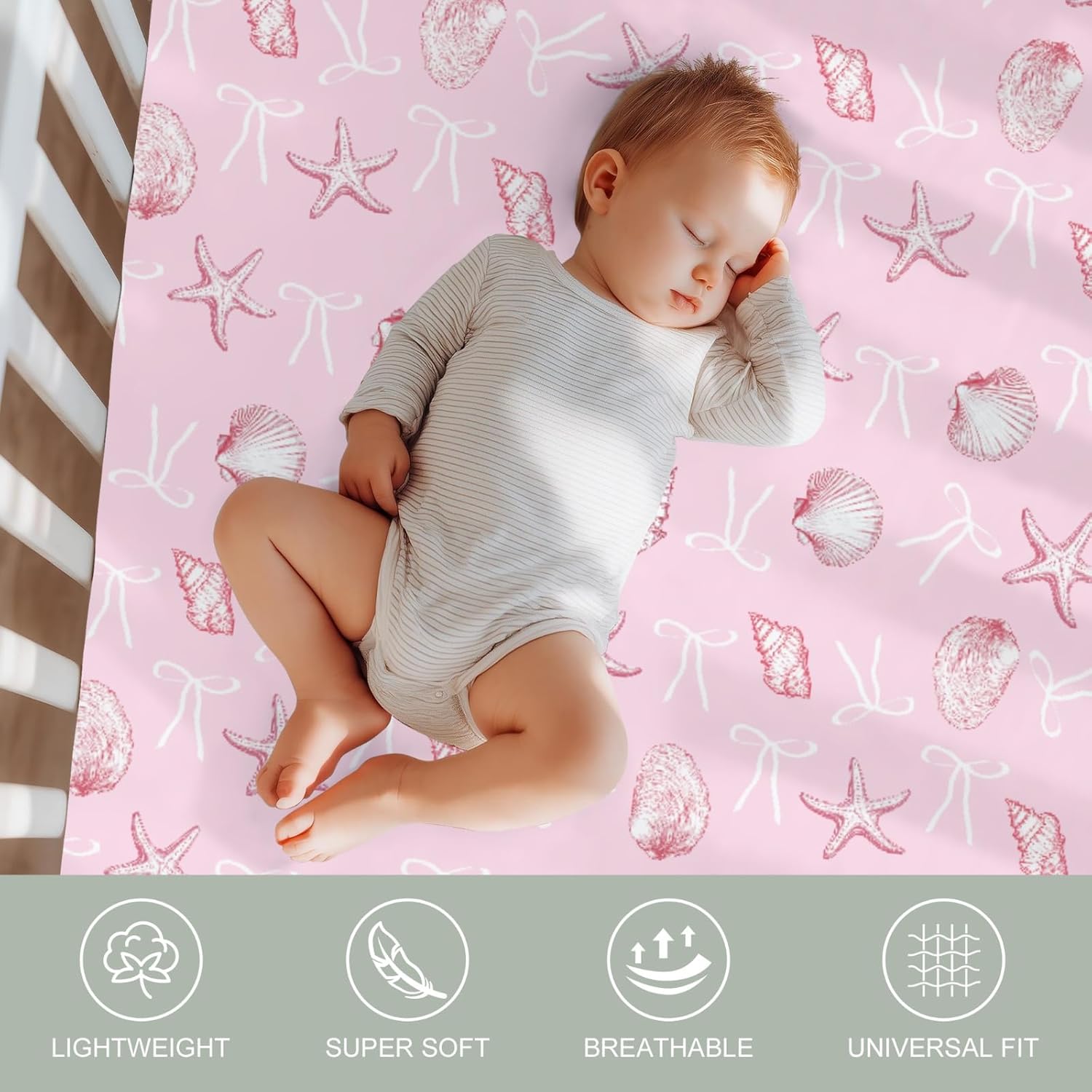 Pink Summer Conches Bows Sea Baby Crib Sheets for Girl 52x28Inch Ocean Seashells Striped Beach Soft Snug Fitted Crib Mattress Cover Boho Nautical Baby Sheet for Standard Crib & Toddler Mattress 2 Pack