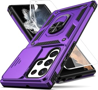 for Samsung Galaxy S22 Ultra Case,with Camera Lens Cover HD Screen Protector,[Military Grade] Ring Car Mount Kickstand Hybrid Hard PC Soft TPU Shockproof Protective Case for Galaxy S22 Ultra, Purple