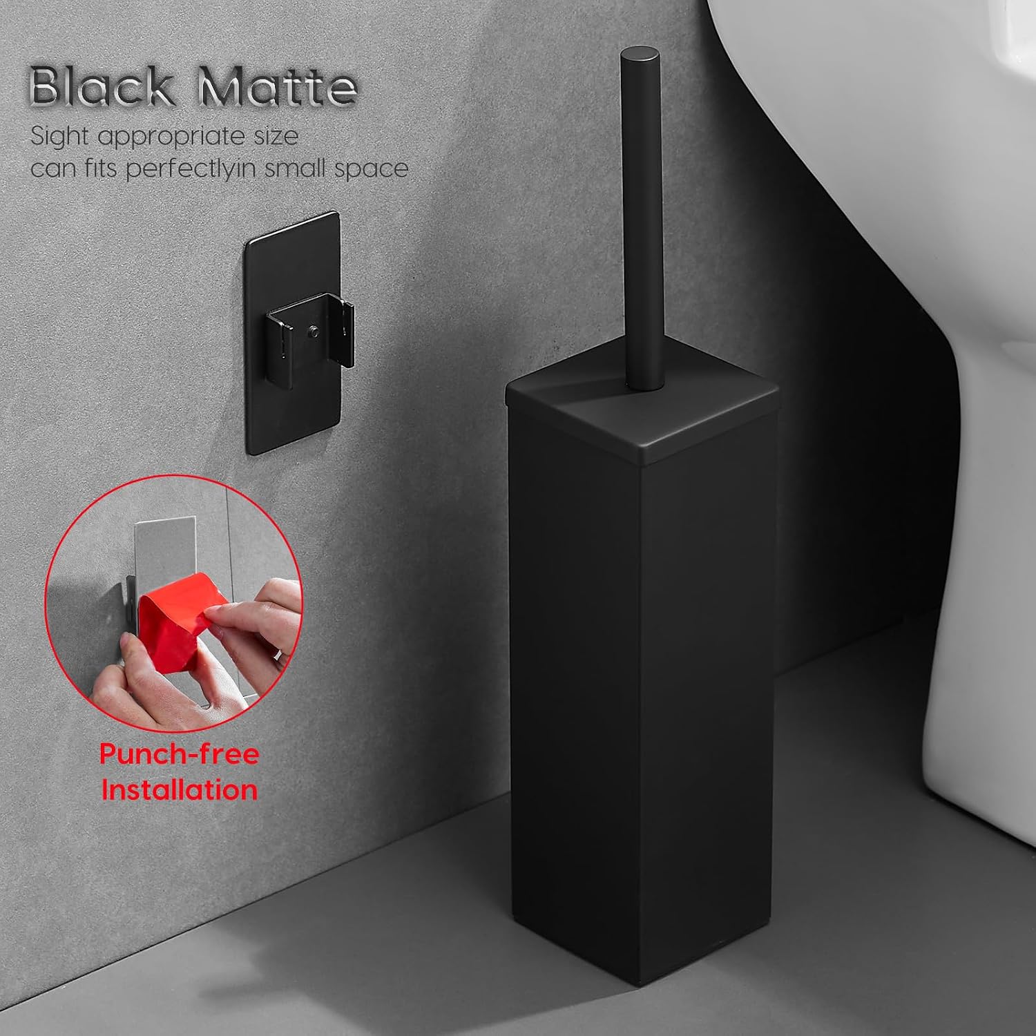 Brushed Gold Stainless Steel Toilet Brush, Square No-Punch Hook Base Toilet Brush Holder Removable Inner Bucket and Splash Proof Cover - Soft Bristles (No Drill Square Metal Cap Black)