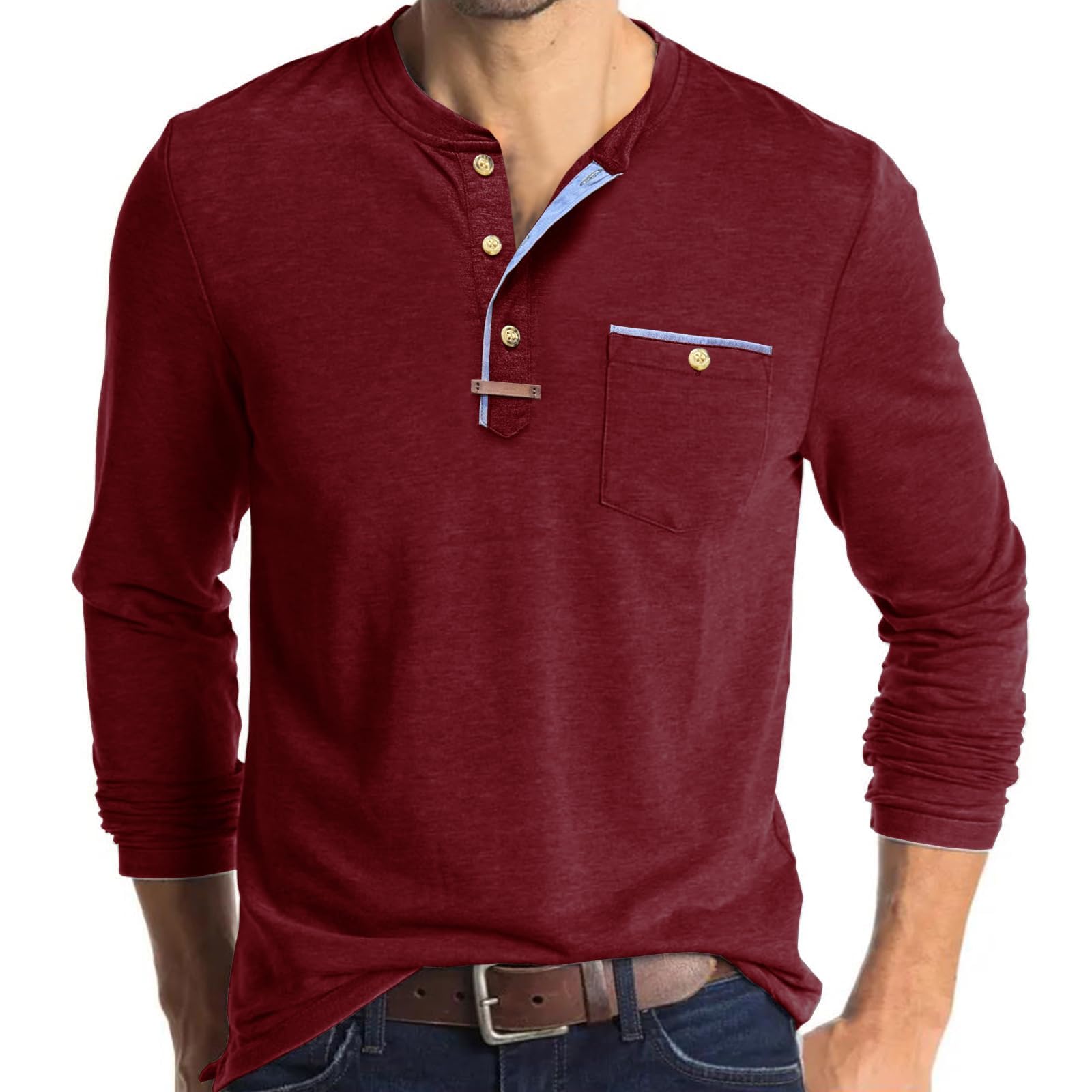 Chemise Henley homme manches longues coton léger mode décontractée classique