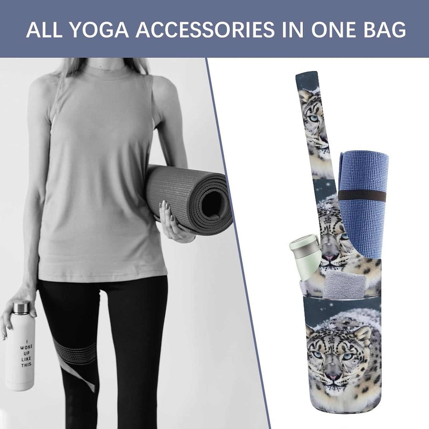 Canvas Yoga Bag,Blue Eyed Snow Leopard Printed Yoga Mat Handbag,Portable Yoga Mat Bag Large Capacity Gym Bag for Men Women Pilates Beach Travel