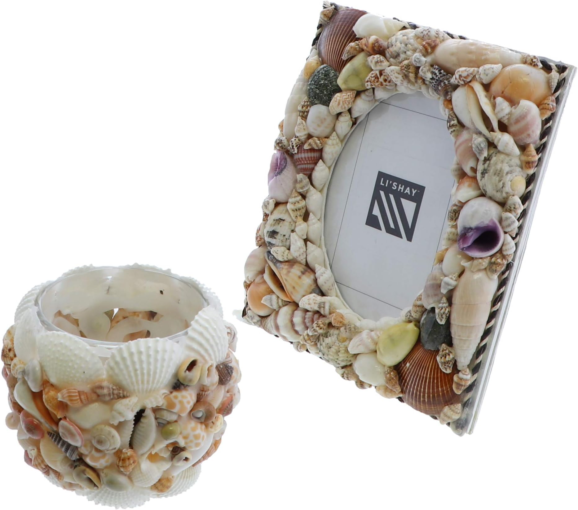 Li'Shay Picture Frame with Mixed Shells & Candle Holder with Seashells Home Décor Set-Mix