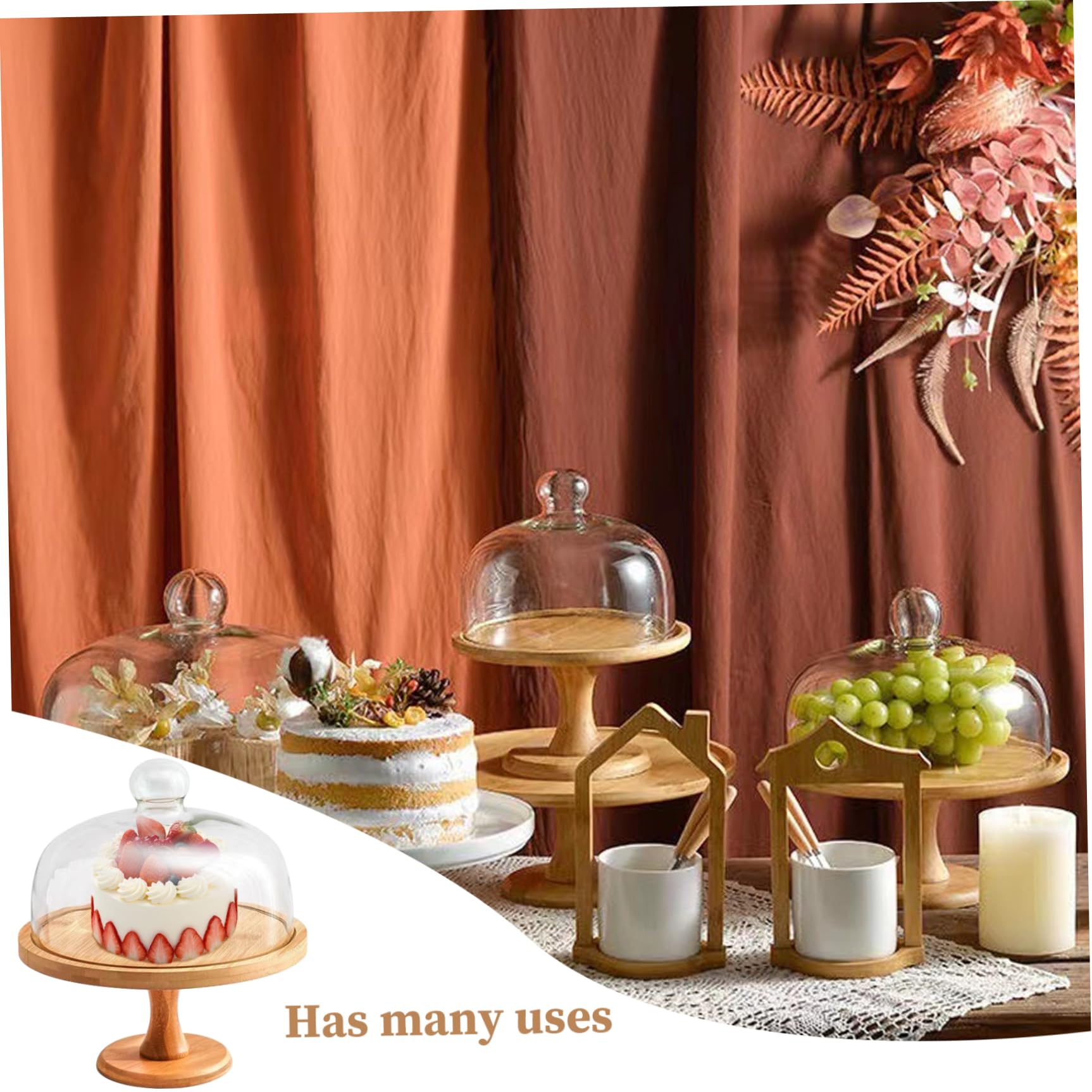 Soporte para Tartas Soporte para Tartas de Madera de 9 Pulgadas con Tapa de Vidrio Transparente Cúpula Desmontable Multifuncional para Fiestas Postres Queso Exhibición y Almacenamiento de F
