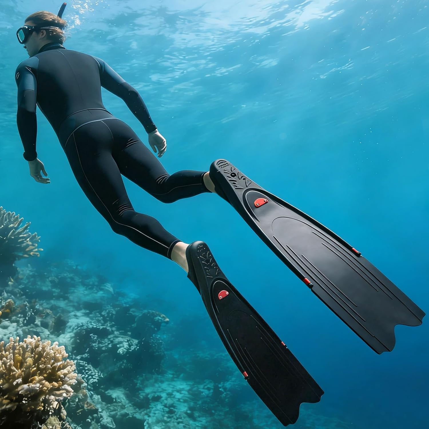 Freediving Fins, Full Foot Pocket Long Blade Diving Fins, Adult Snorkeling Fins for Scuba Diving, Spearfishing and Freediving