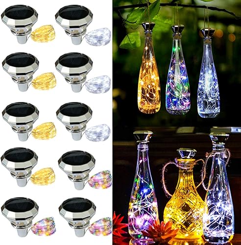 Starry Love - Paquete de 10 luces solares para botellas de vino, con 20 luces LED para exteriores, impermeables, multicolor, cadena de luces (3