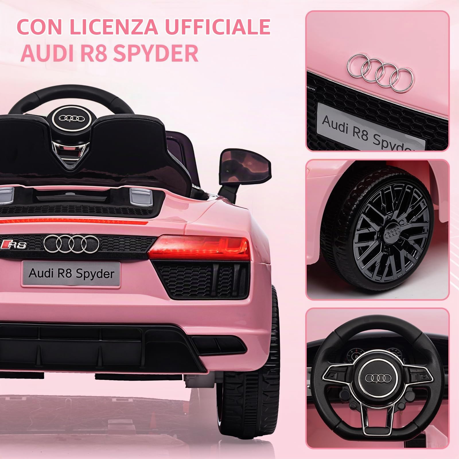Macchina Elettrica per Bambini 3-8 Anni 12V, Auto Elettrica Polizia con Licenza Ufficiale Audi Spyder, Telecomando Genitori, 3 Marce, Sospensione, LED, Musica, Clacson, Colore Rosa