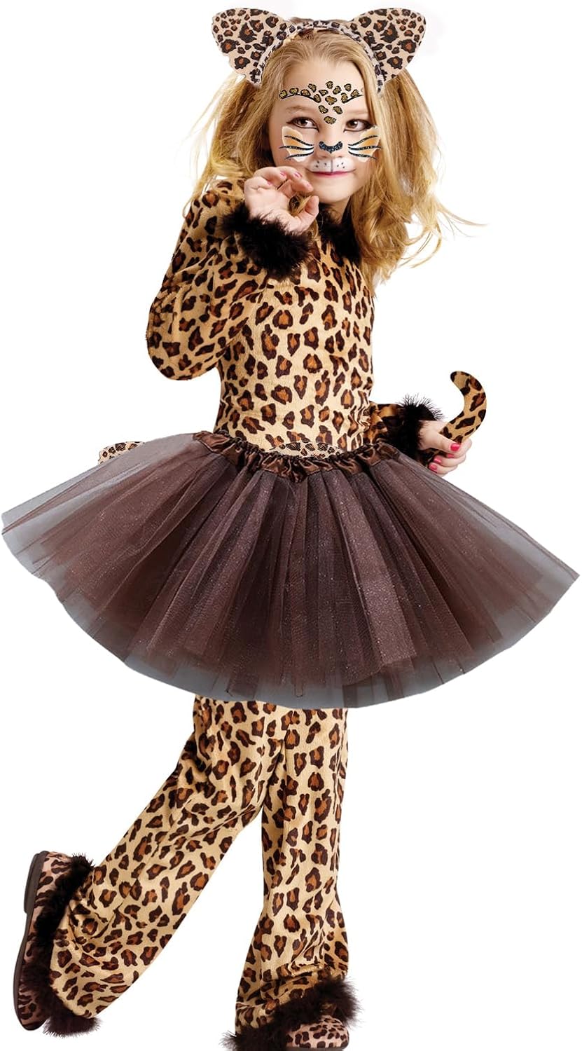Cheetah Costume Set Leopard Ears Headband Tail Bowtie Tutu Skirt and Leopard Face Stickers for Halloween Animals Cosplay Set - Image 2