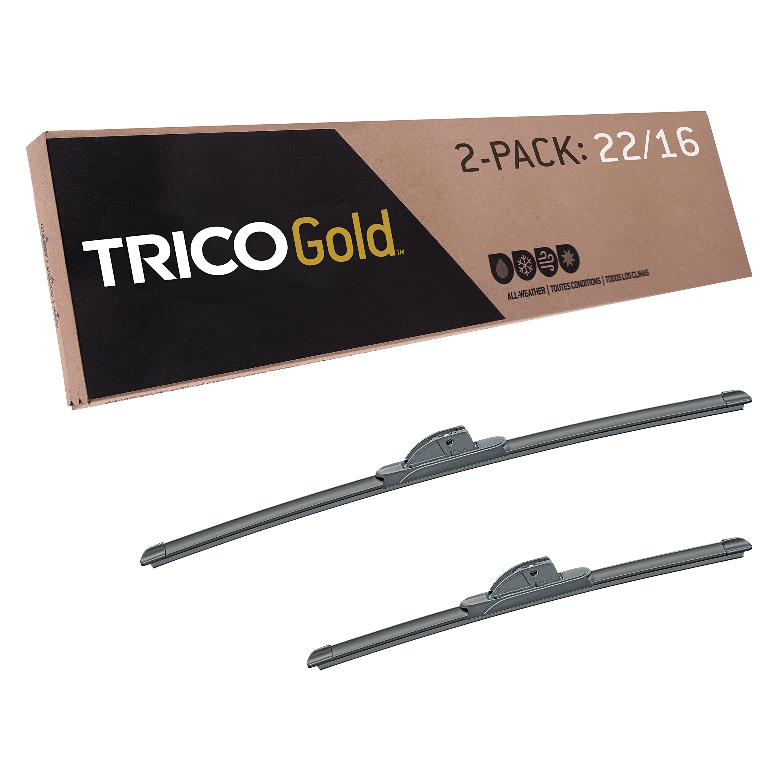 TRICO Gold™ (18-2216) 22 &amp; 16 Inch Pack of 2 Automotive Replacement Windshield Wiper Blades Premium All Weather Beam Blade for Select Vehicle Models