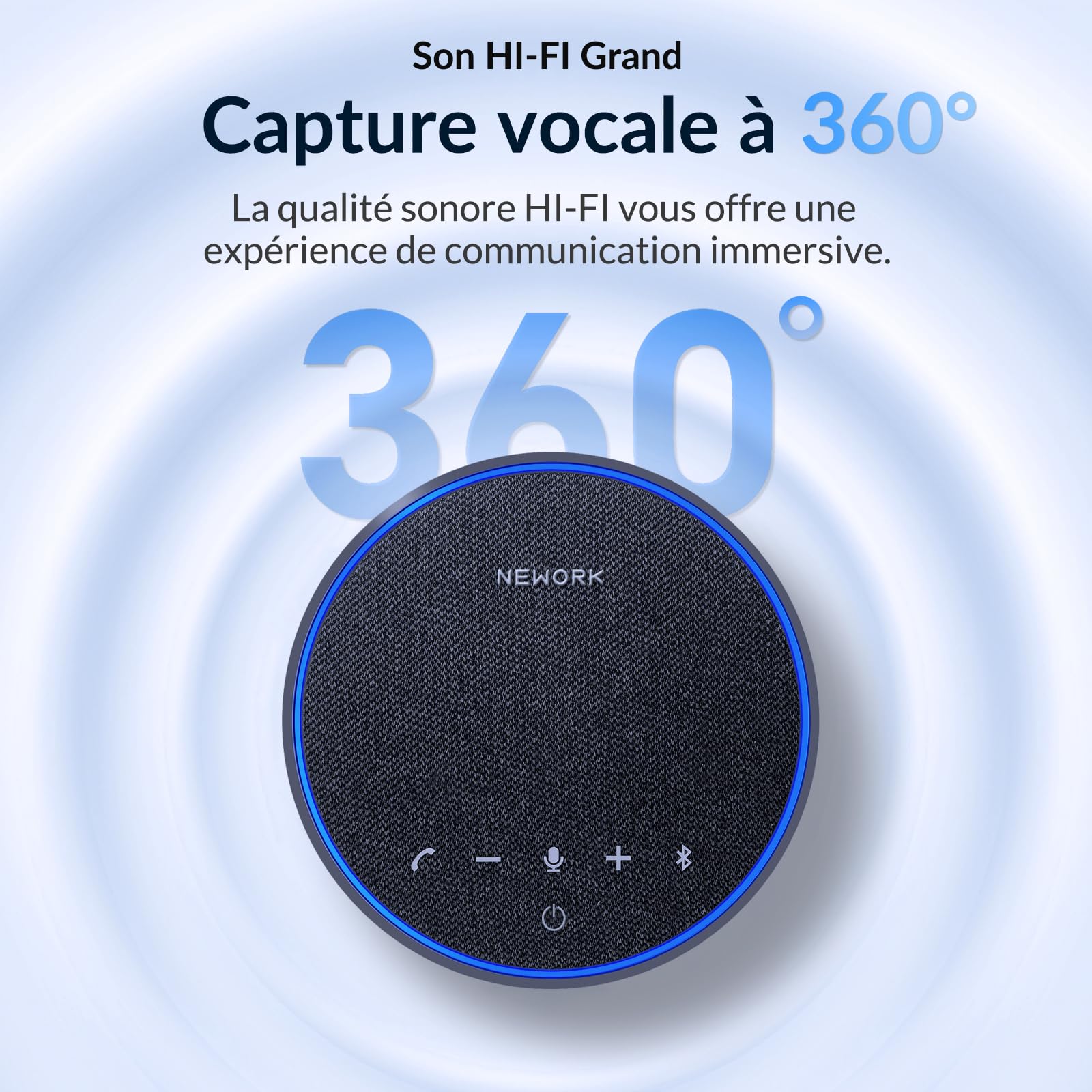 Haut-Parleur de Conférence Bluetooth, Micro 360° avec 3 Micros AI Réduction du Bruit, Autonomie 12h, USB-C & Bluetooth, Speakerphone Portable pour Bureau, Télétravail, Zoom, Teams