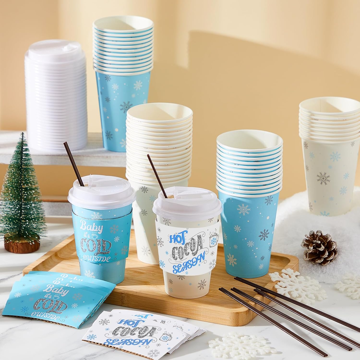 Pickmesh 50 Sets 12oz Winter Baby Shower Party Coffee Cup Sets, Baby It's Cold Outside Snowflake Hot Cocoa Bar Paper Cups with Lids, Sleeves Stirrers for Christmas Birthday Decor