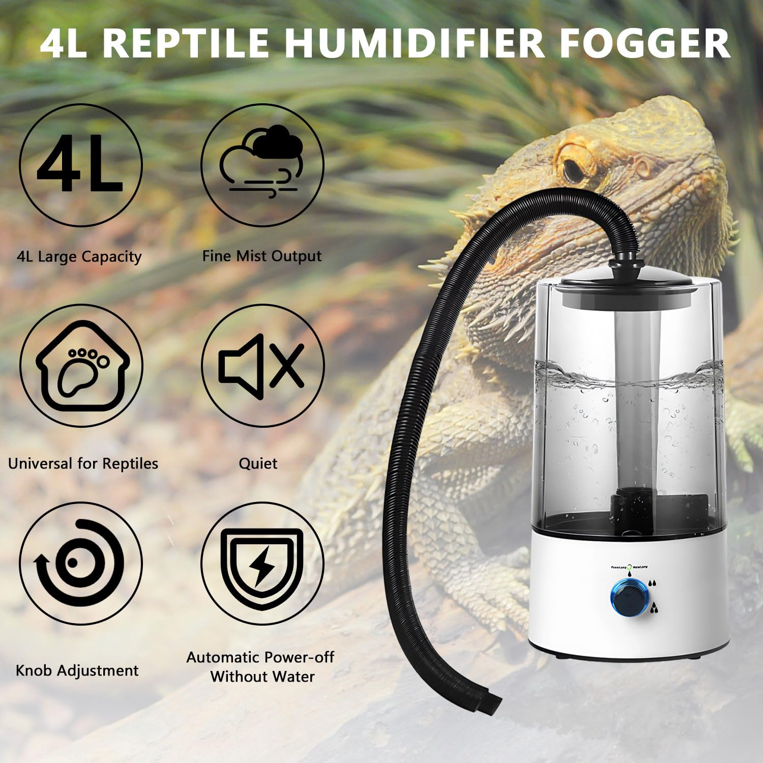 Humidificador de reptiles de 4 litros, máquina de niebla de terrario de tanque de reptiles con tubo usable, atomizador ultra silencioso para reptiles, anfibios, plantas húmedas