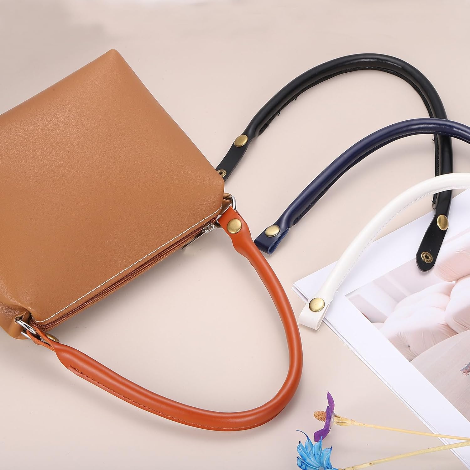 uxcell 2 Pcs PU Leather Purse Handles, 0.6" Wide 18.5" Length Handbag Handles Purses Straps Handle Replacement with Button for Art Crafts DIY Bag Making, Sapphire Blue - Image 4