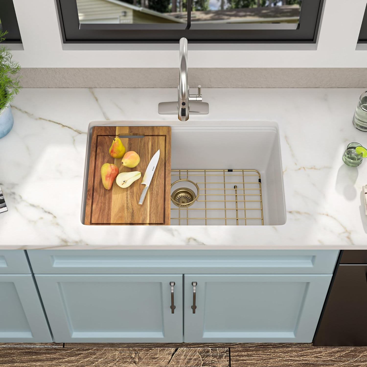 28 Granite Composite Kitchen Sink - Fulorni 28"x19" Granite Kitchen Sink White Undermount Ledge Workstation Quartz Classic Luxury Under Counter Single Bowl Sink Basin