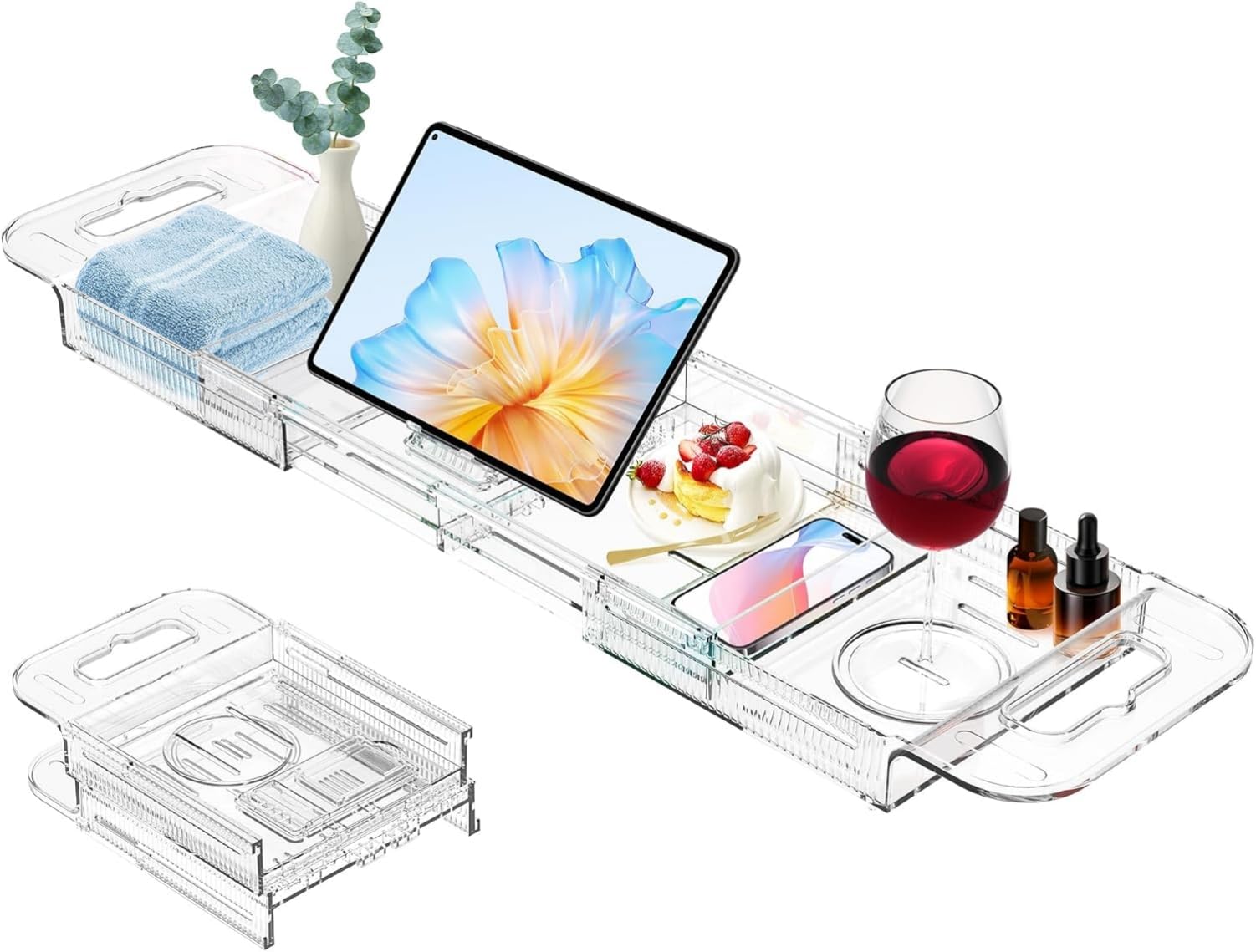 Plateau de baignoire en acrylique extensible pour iPad et livres, étagère de baignoire, cadeau pour femme, accessoire de baignoire transparent
