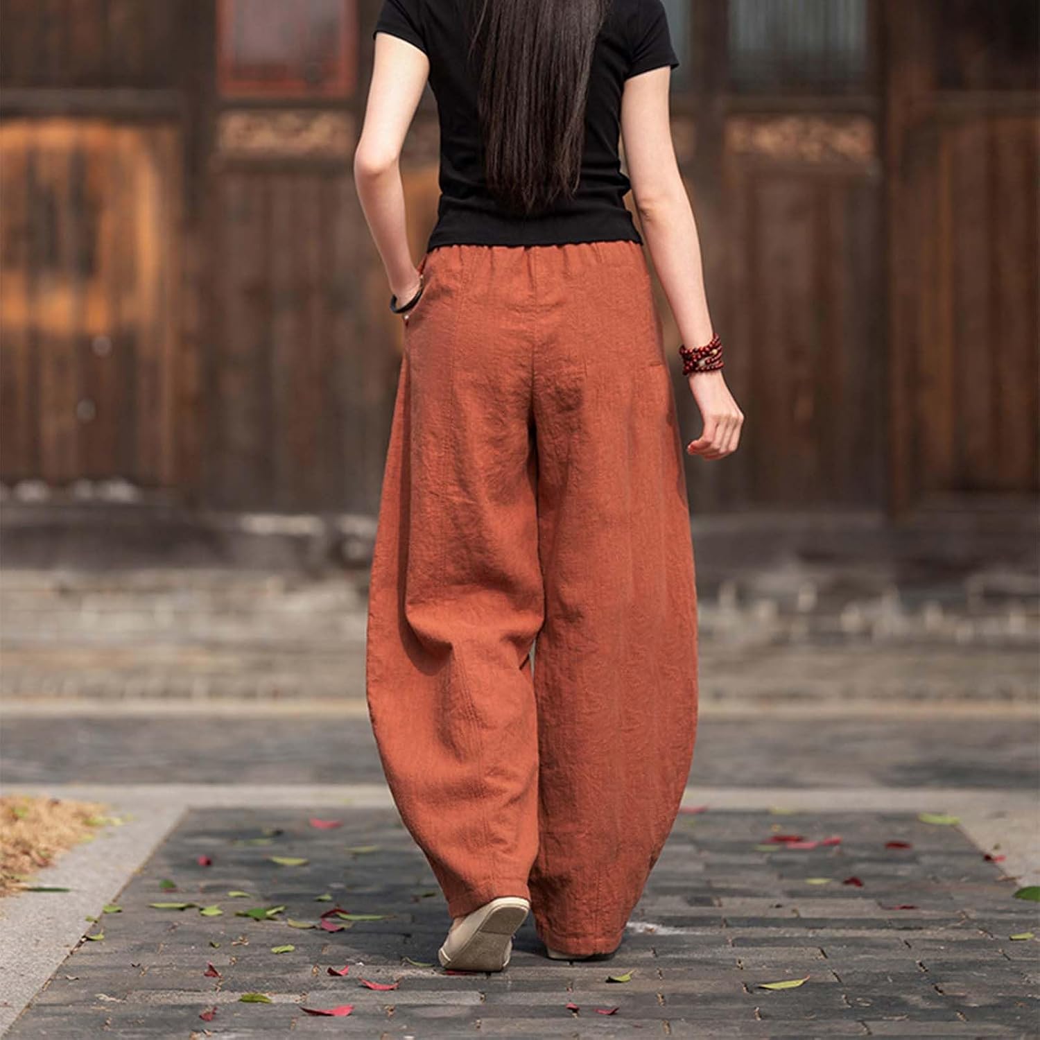 Cotton Linen Pants Women Plus Size Baggy Summer High Elastic Waist Flowy Palazzo Pants Beach Trousers with Pockets