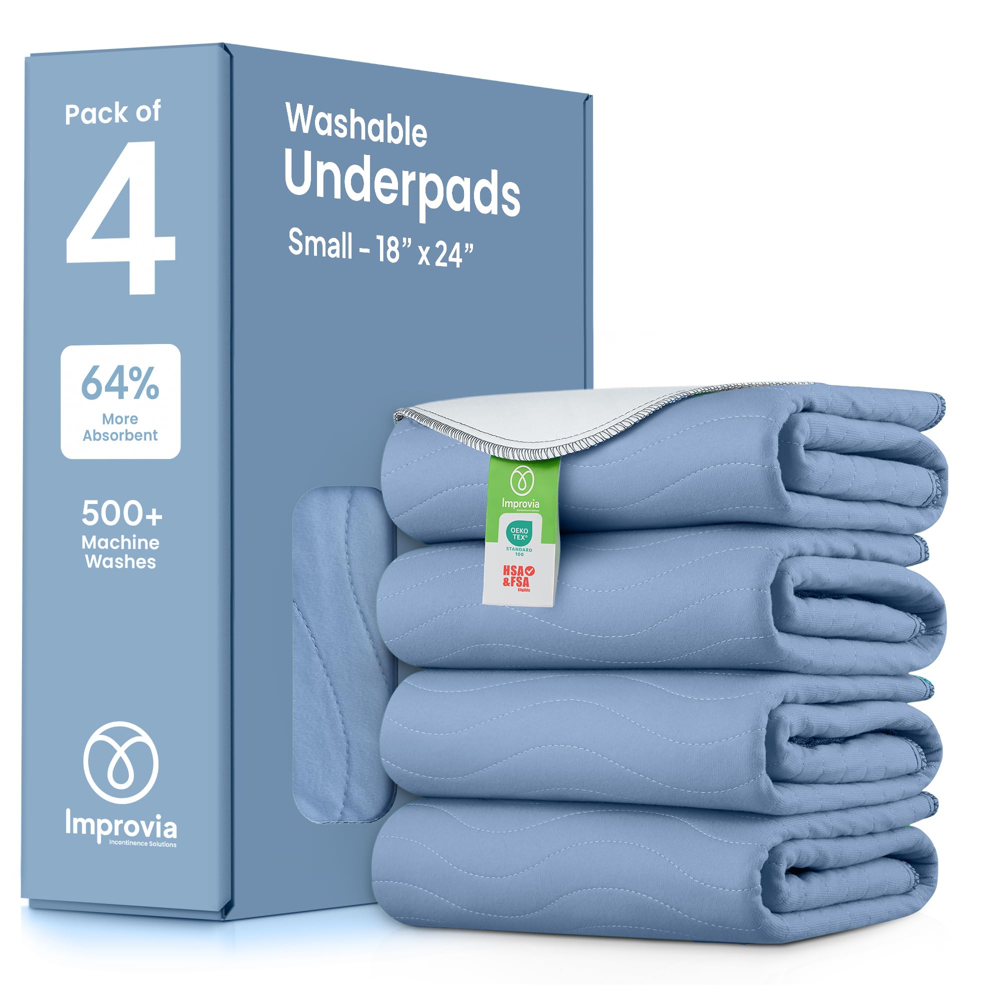 IMPROVIA® Washable Underpads, Heavy Absorbency Reusable Incontinence Pads for Kids, Adults, Elderly, and Pets, Waterproof Protection Floor (Blue, 18"