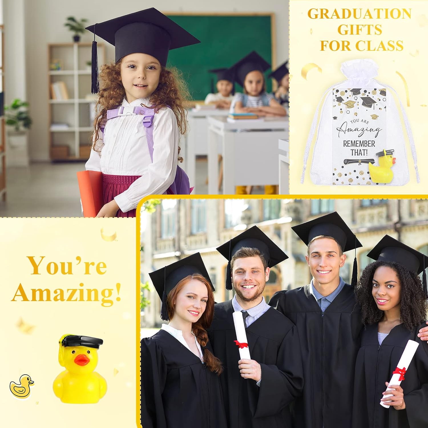 Chunful 100 Sets Class of 2026 Graduation Gifts Resin Ducks Funny Duck with Inspirational Congratulation Cards Organza Bags for School Student College Son Daughter Preschool Graduation Party Supplies